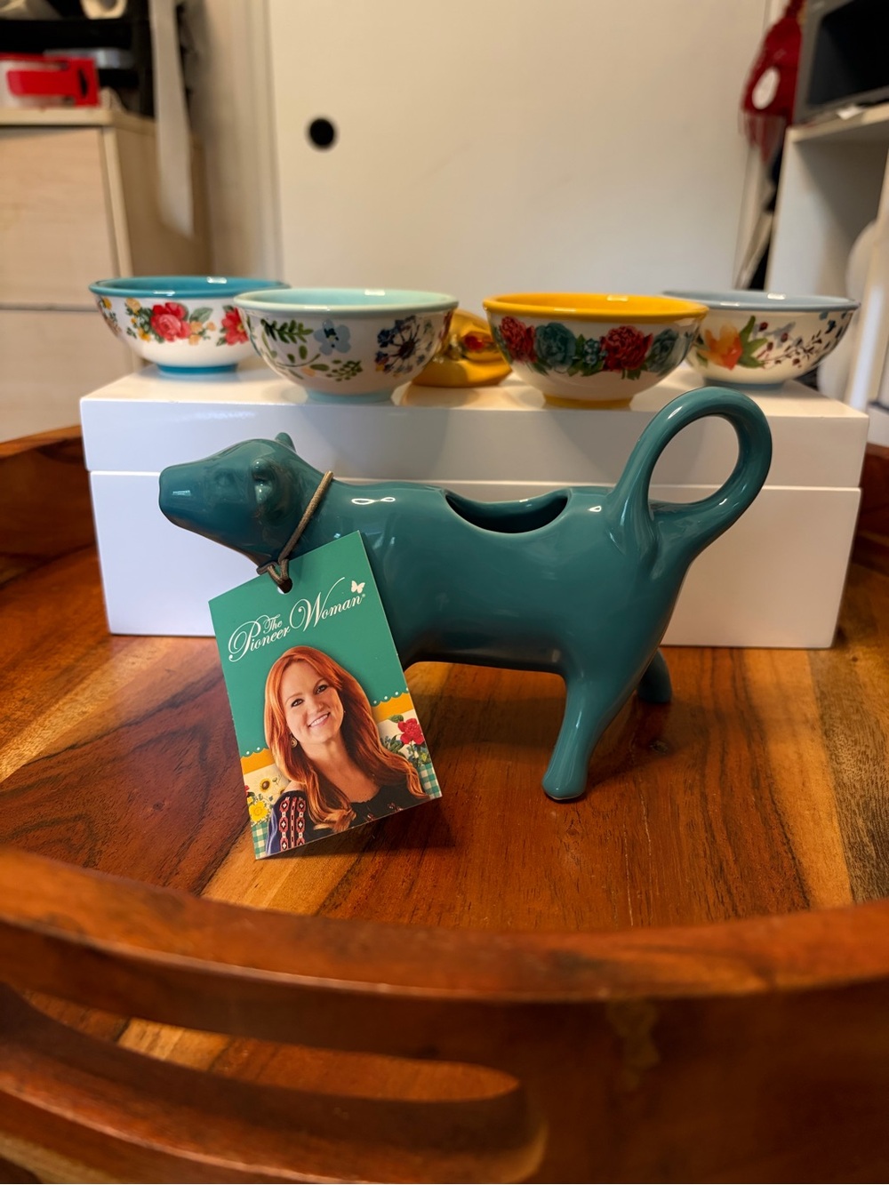 The Pioneer Woman Teal Ceramic Cow Creamer and sauce bowls